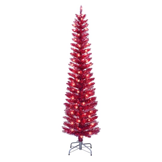 6Ft Pre-Lit Red Tinsel Artificial Tree, Clear Lights By Puleo International | 19" x 72" | Michaels®